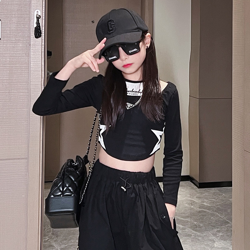 2025新款女童t恤长袖洋气时髦短款露脐炸街舞上衣儿童打底衫修身,童装/婴儿装/亲子装,T恤,淘宝优惠券,粉丝福利购,淘宝优惠卷