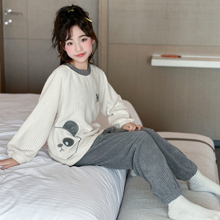 女童睡衣法兰绒秋冬款套头洋气儿童洋气休闲收口家居服套装短绒潮