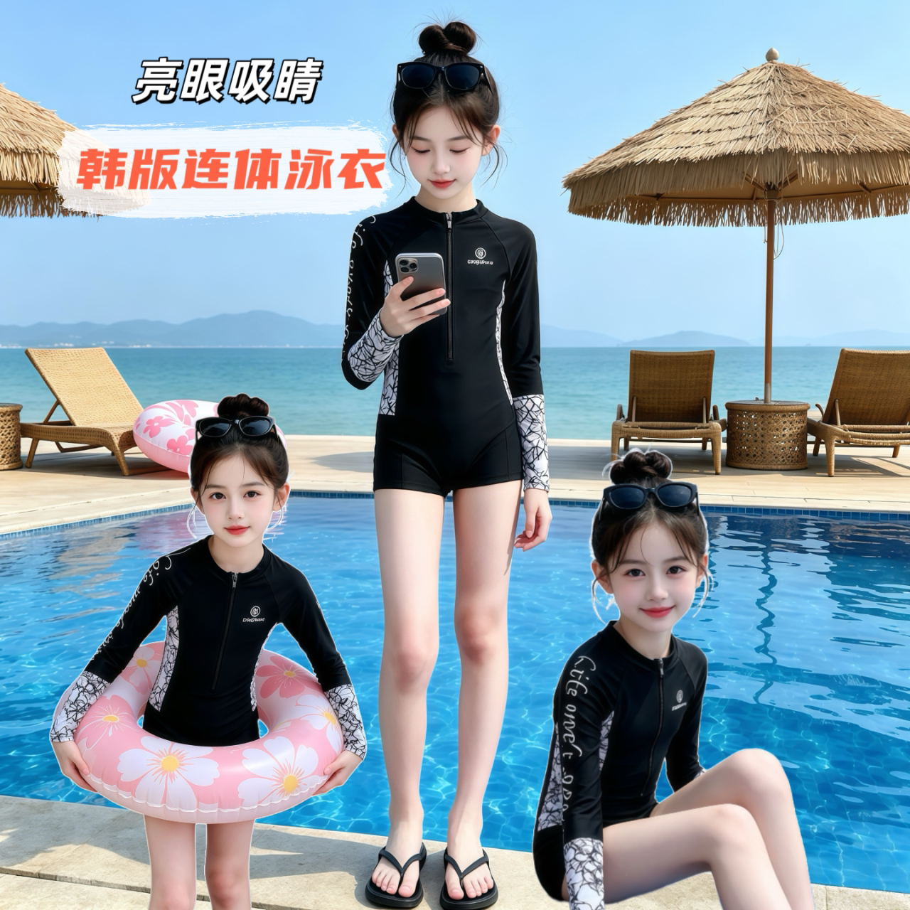 韩版女童连体泳衣长袖防晒速干儿童游泳装新款这样弹力平角游泳服