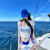 纯欲性感克莱因蓝比基尼显白绑带分体透视短袖 辣妹沙滩度假泳衣女