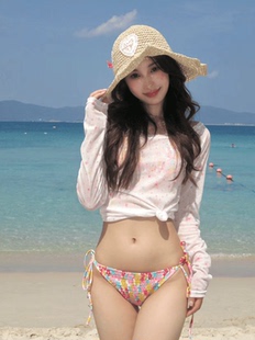 可爱碎花比基尼纯欲星星罩衫 绑带性感显瘦沙滩度假泳衣女 防晒长袖