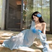 显白蓝色花朵比基尼针织长裙海边度假拍照性感辣妹显瘦分体泳衣女