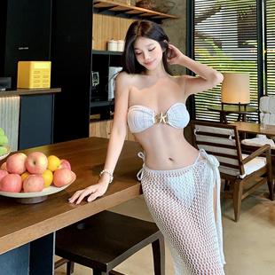 白色星星纹理抹胸比基尼性感辣妹度假分体针织拖地渔网长裙泳衣女