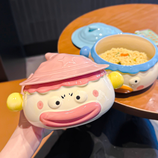 陶瓷汤碗饭碗带盖带手柄学生宿舍家用方便面碗便当盒泡面碗大号