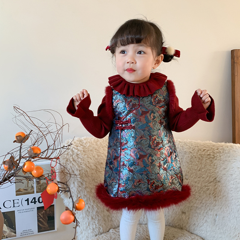 蔗梨童装婴儿唐装冬季夹棉加厚女童连衣裙国风宝宝旗袍裙儿童裙子