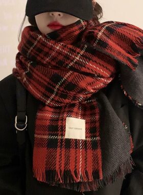 圣诞围巾女冬季韩版高级感百搭红色格子围脖学生情侣加厚保暖披肩