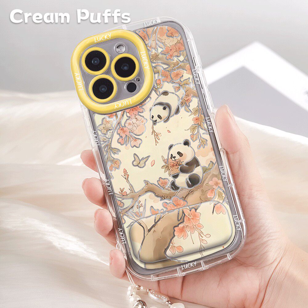红米NOTE15可爱iPhone13适用华为Pura70pro桃花熊猫带挂绳16plus高颜值手机壳软苹果17镜子支架14ProMaxins风