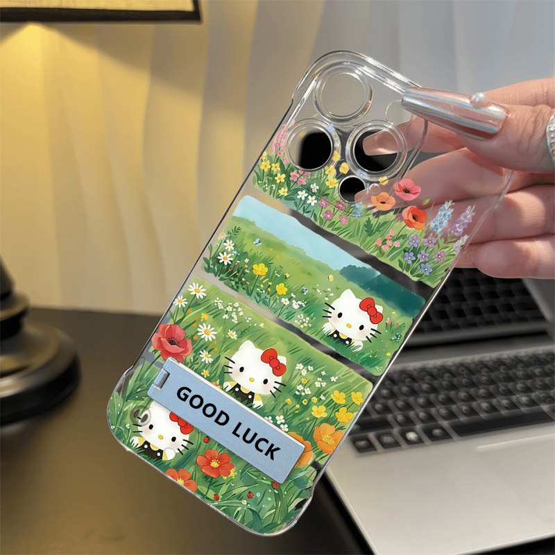 春日花草kt猫无边框iPhone17苹果14可爱带支架15透明超薄13卡通硬12ProMax适用16PLUS高级感荣耀POWER2手机壳