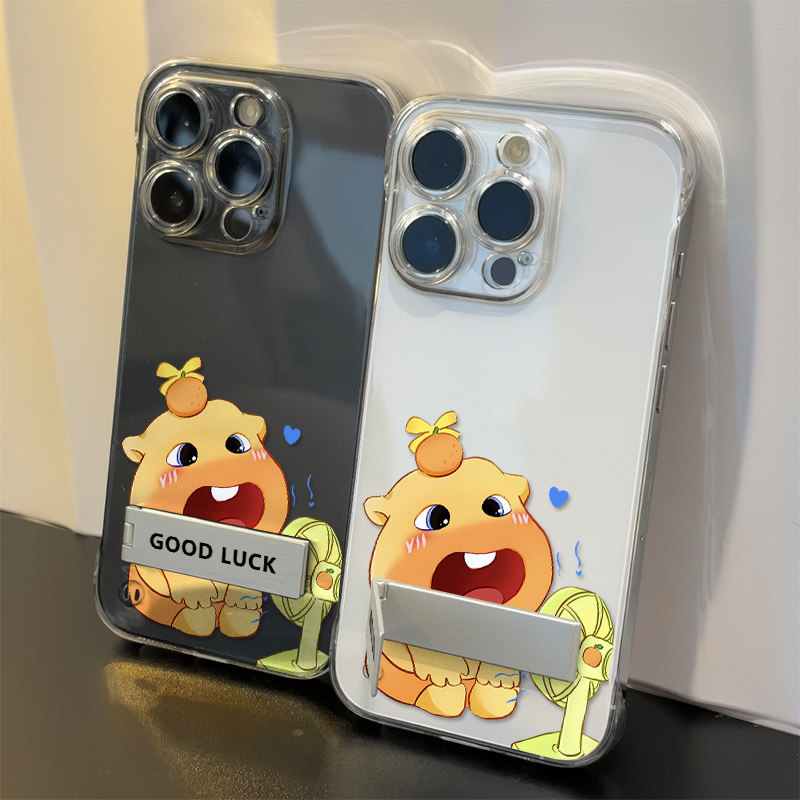 iPhone16e透明15plus无边框苹果13超薄手机壳带支架12适用硬14ProMax高级感真我gt7pro吹风扇水豚噜噜OPPOa58