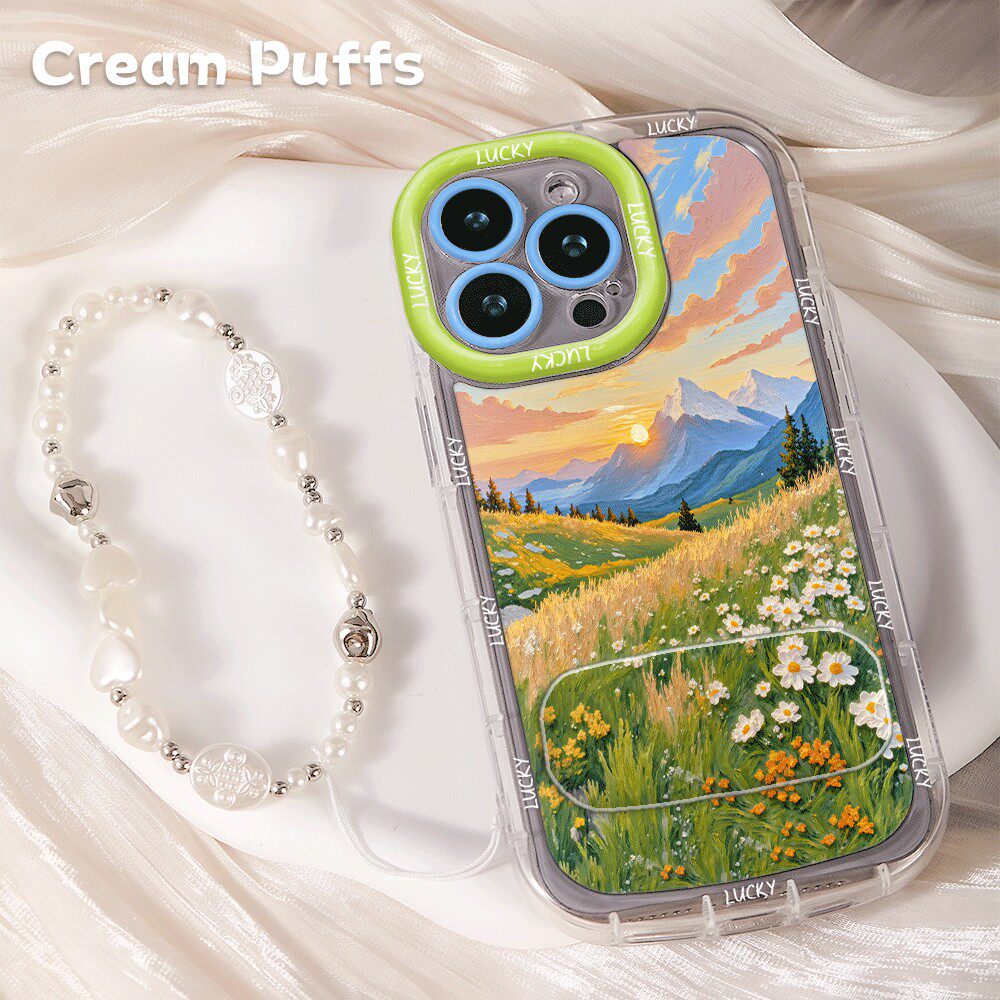 iPhone13适用华为NOVA15带挂绳16plus小清新手机壳软苹果14镜子支架小米17ProMaxins风落日草坪山川OPPOA6PRO