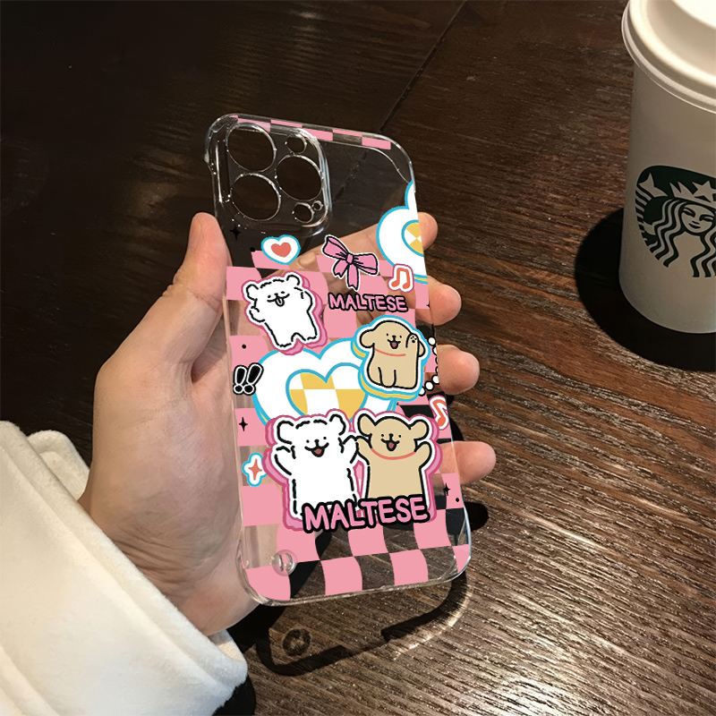 格子线条小狗16promax苹果14无边框iPhone可爱小米15超薄OPPO情侣k12x适用荣耀透明硬13手机壳带支架VIVO华为