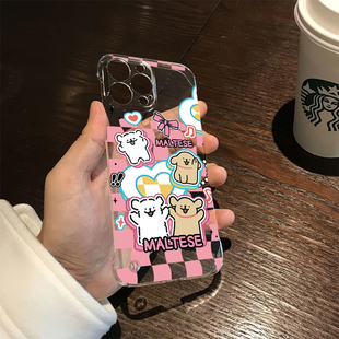 格子线条小狗16promax苹果14无边框iPhone可爱小米15超薄OPPO情侣k12x适用荣耀透明硬13手机壳带支架VIVO华为