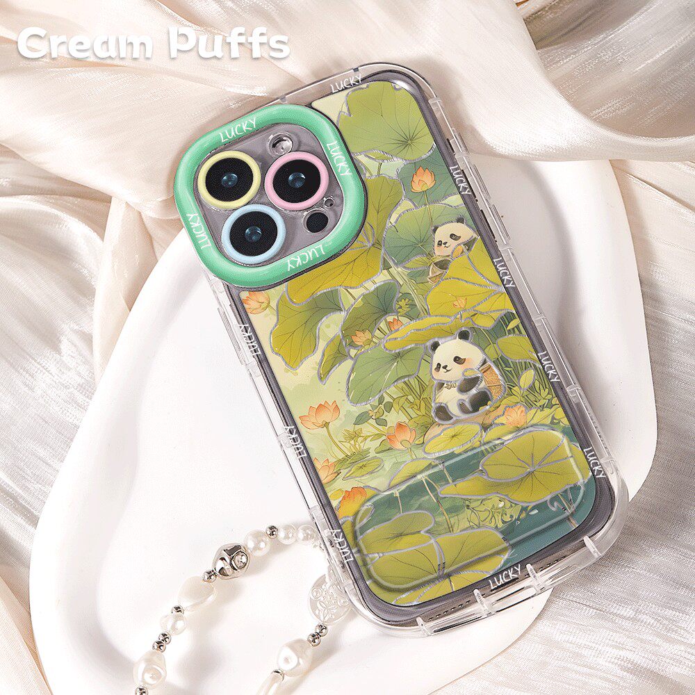 荷叶熊猫iPhone17适用OPPOA6GT带挂绳14plus高颜值手机壳软ins风苹果13p镜子支架16ProMax可爱华为NOVA15至尊