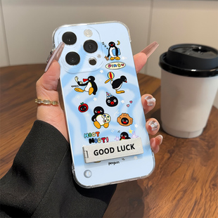 苹果15超薄14plus无边框13透明12ProMax适用硬VIVOs30雪地pingu企鹅iPhone17手机壳带支架16高级感华为Mate70