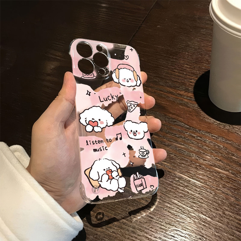 红米note14适用16promax手机壳带支架红米k80爱心小狗苹果12透明无边框13超薄iPhone15高级感OPPOfindx8硬s20