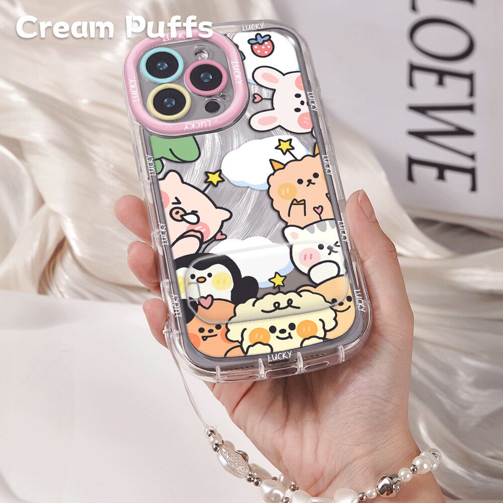 手机壳适用iPhone16可爱动物带挂绳15plus镜子支架12羽纱泡芙苹果17少女心Nova14活力版13ProMax软荣耀Magic8