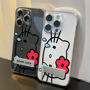 14plus大脸花朵KT猫无边框13透明12ProMax适用红米TURBO4硬iPhone17手机壳带支架16高级感苹果15超薄s17ins风