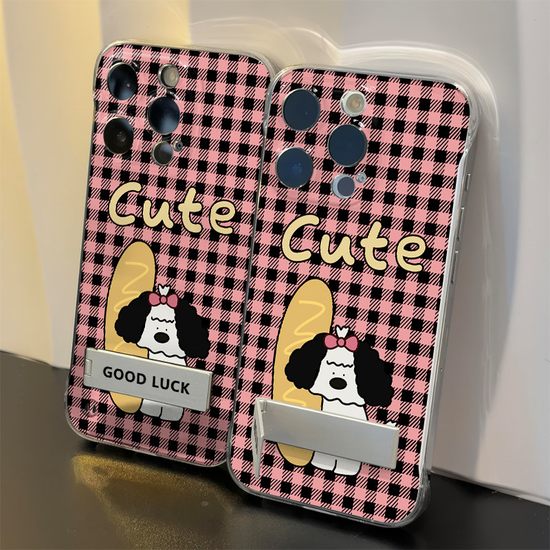 透明苹果15promax无边框一加13T手机壳带支架12面包小狗iPhone16高级感14超薄华为mate70适用红米K80硬荣耀GT