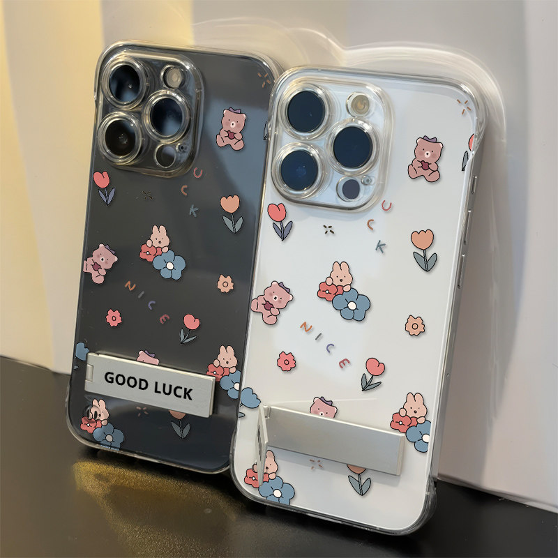 iPhone16E高级感12透明硬ins风苹果14一加13T手机壳带支架可爱小熊花朵无边框超薄15ProMax适用红米TURBO4PRO
