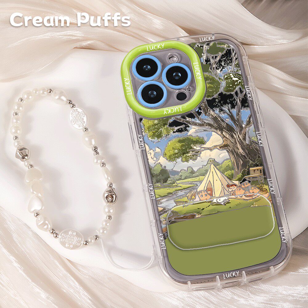 露营小新iPhone13适用16带挂绳14plus可爱红米TURBO4PRO手机壳iqooz5卡通软苹果15镜子支架17ProMax卡通ins风