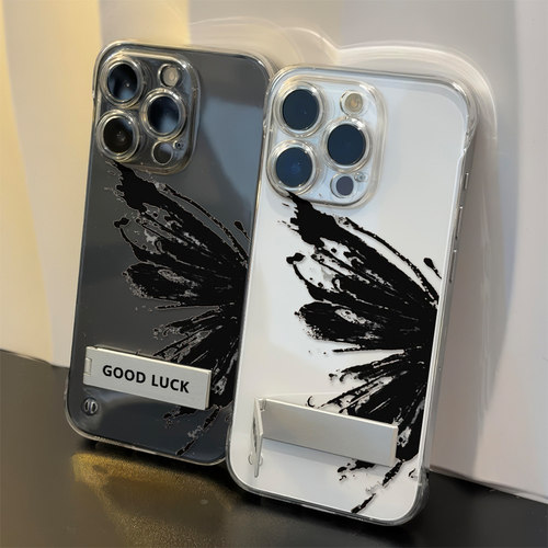 苹果15无边框13手机壳带支架12蝴蝶翅膀iPhone16高级感14promax超薄透明华为mate70适用OPPfindx8硬荣耀POWER