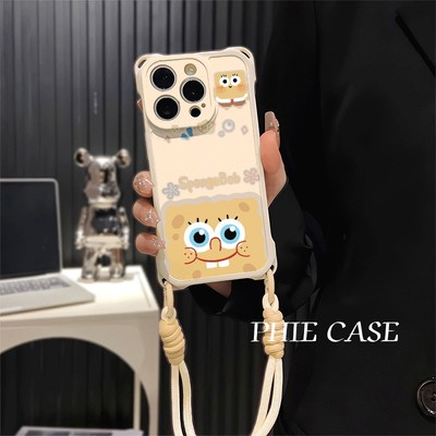 荣耀MAGIC8露牙齿海绵宝宝13透明苹果16plus斜挎手腕挂绳17ProMax适用iPhone14防摔一加15手机壳软12四角开孔