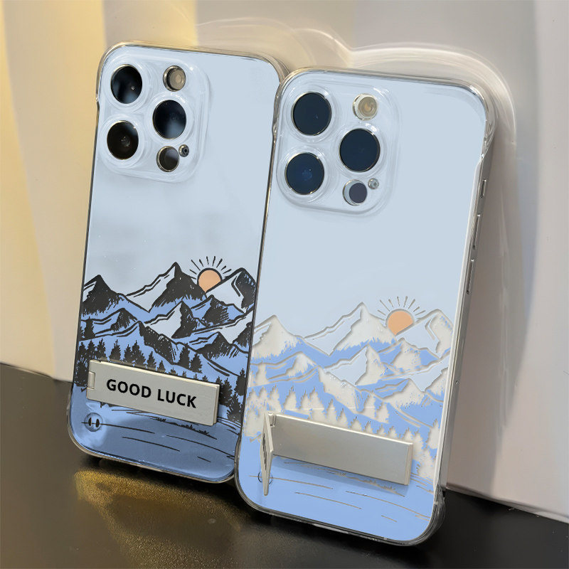 华为mate70雪山日出苹果15无边框一加13T手机壳带支架iPhone16高级感14promax超薄K80透明12适用硬红米TURBO4