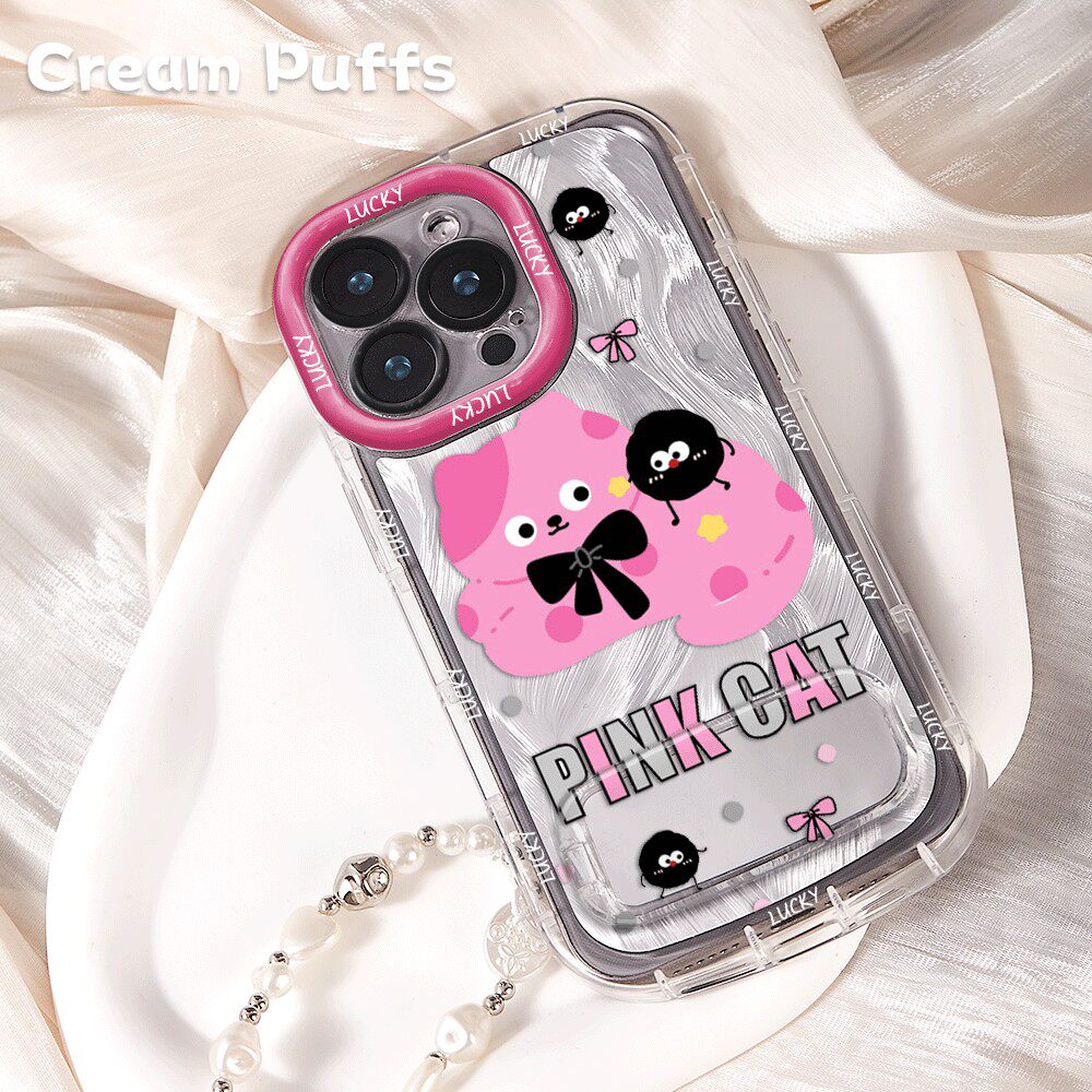 小米17ProMax少女心IQOO15羽纱泡芙软14苹果13煤球黑粉小猫手机壳带挂绳16plus镜子支架iPhone12适用VIVOY500