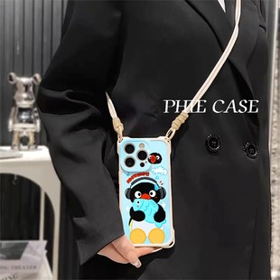 四角开孔13ProMax雪地抱鱼pingu企鹅iPhone16斜挎手腕挂绳11红米k80可爱苹果12适用防摔透明15plus手机壳软14