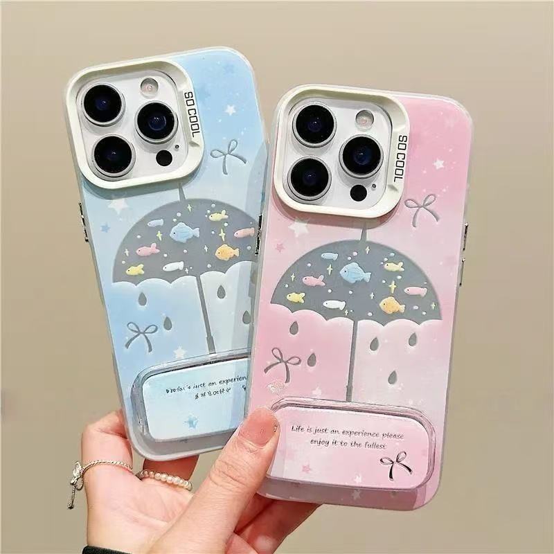 苹果12高级感16ProMax带镜面支架ins风鱼伞iPhone13华为PURA80彩银15PLUS适用小众华为Nova14手机壳硬VIVOs30