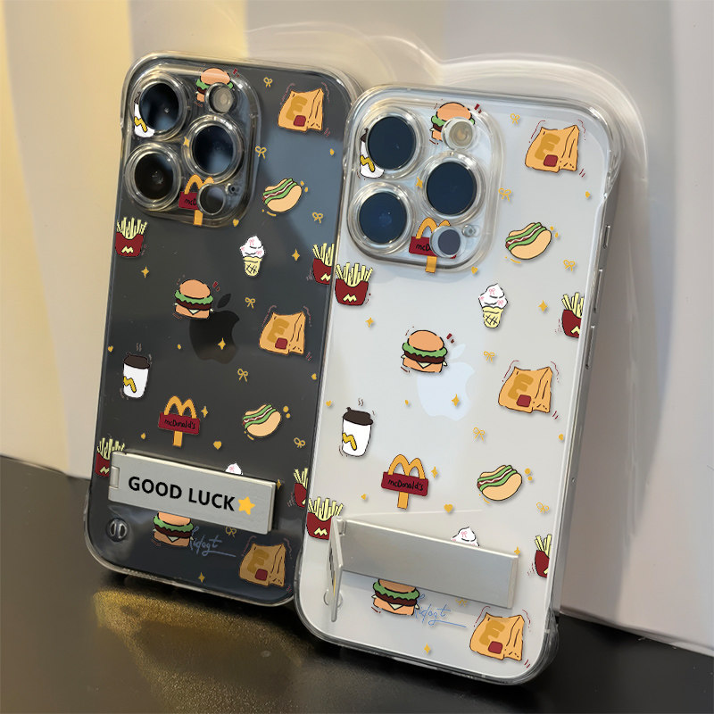 荣耀x50i透明硬iPhone13手机壳带支架VIVO小众小米华为mate60薯条汉堡14promax无边框16超薄OPPO苹果12适用15