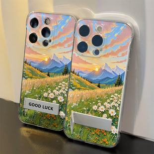 ins风适用16超薄IQOO13落日草坪山川k90苹果15手机壳带支架14PLUS小清新12ProMax真我GT8PRO无边框硬iPhone17