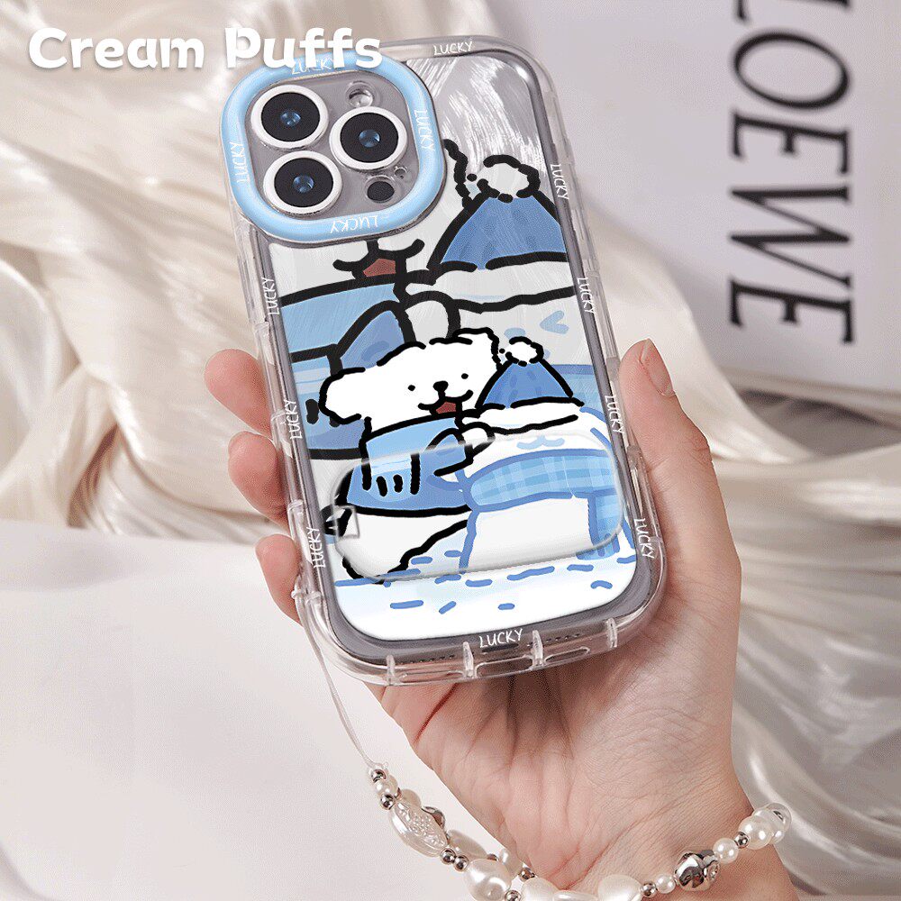 雪人线条白狗iPhone16pm带挂绳可爱15plus手机壳卡通软OPPOK13TURBO创意适用苹果14镜子支架小米17ProMax情侣