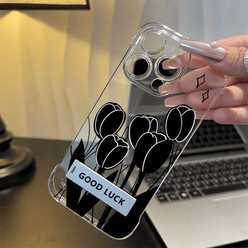 iPhone16透明15适用硬14plus无边框苹果13超薄手机壳带支架12ProMax高级感多只郁金香小米15一加ACE5畅享80