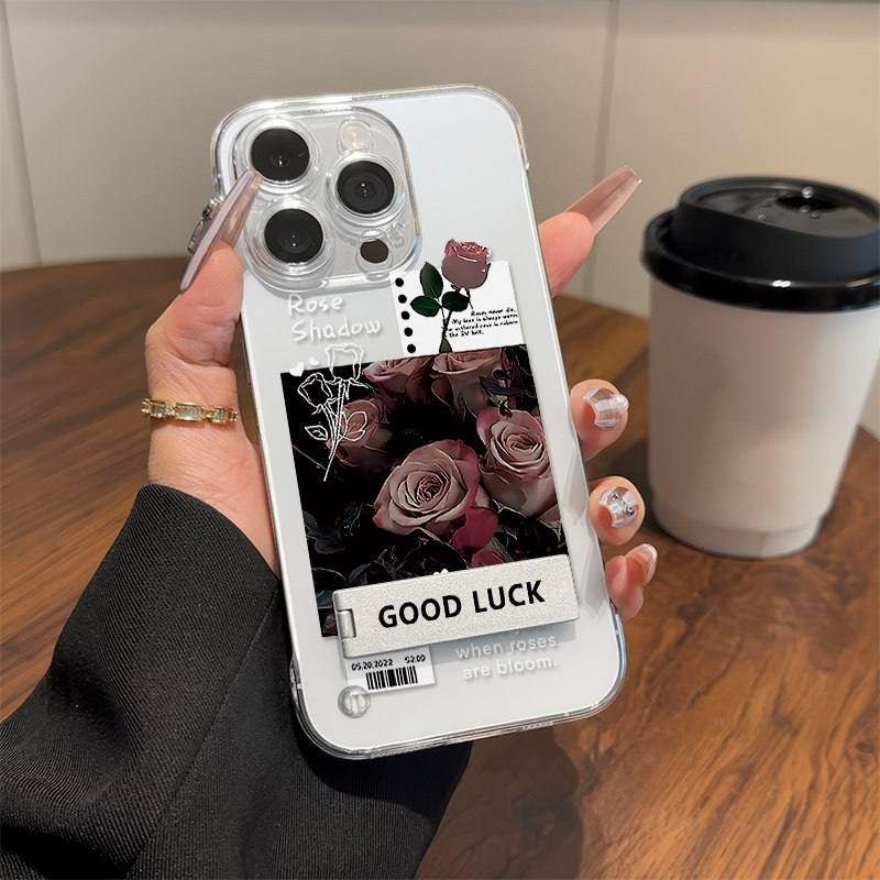 ins标签玫瑰花无边框iPhone13手机壳带支架S20适用NOTE14透明12ProMax超薄小米15高级感Y300苹果16Plus硬创意