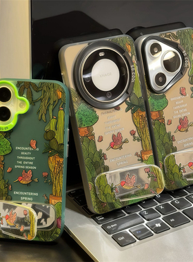 荣耀400适用14高级感苹果16e小清新iPhone13彩银12ProMax带镜子支架15plus手机壳硬VIVOx200小鸟盆栽花朵a58x