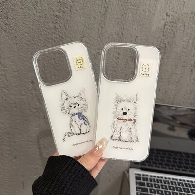 iPhone16潦草小猫狗iQOO13红米K80手机壳硬VIVOx200小米15卡通苹果14情侣适用12ProMax大孔ins风荣耀300ULTRA