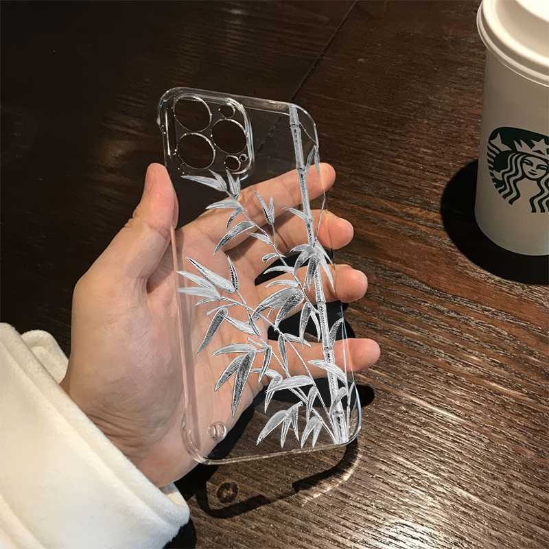 OPPOa58x国潮竹子15无边框华为12promax手机壳带支架荣耀VIVOx200适用16超薄iPhone14高级感小米苹果13透明硬