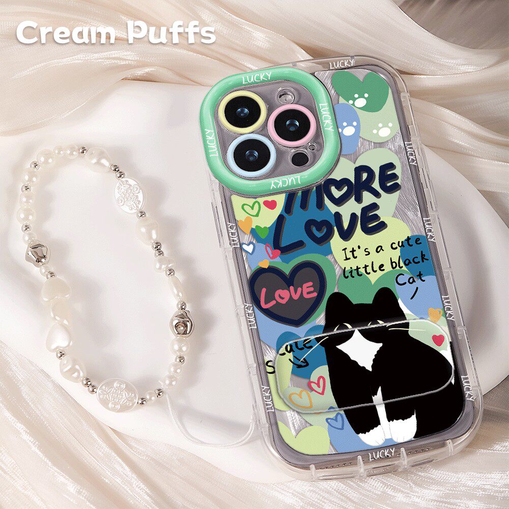 荣耀MGIC8爱心黑猫iPhone16e带挂绳15plus卡通手机壳小米17Ultra软适用苹果13p镜子支架14ProMax可爱VIVOX300