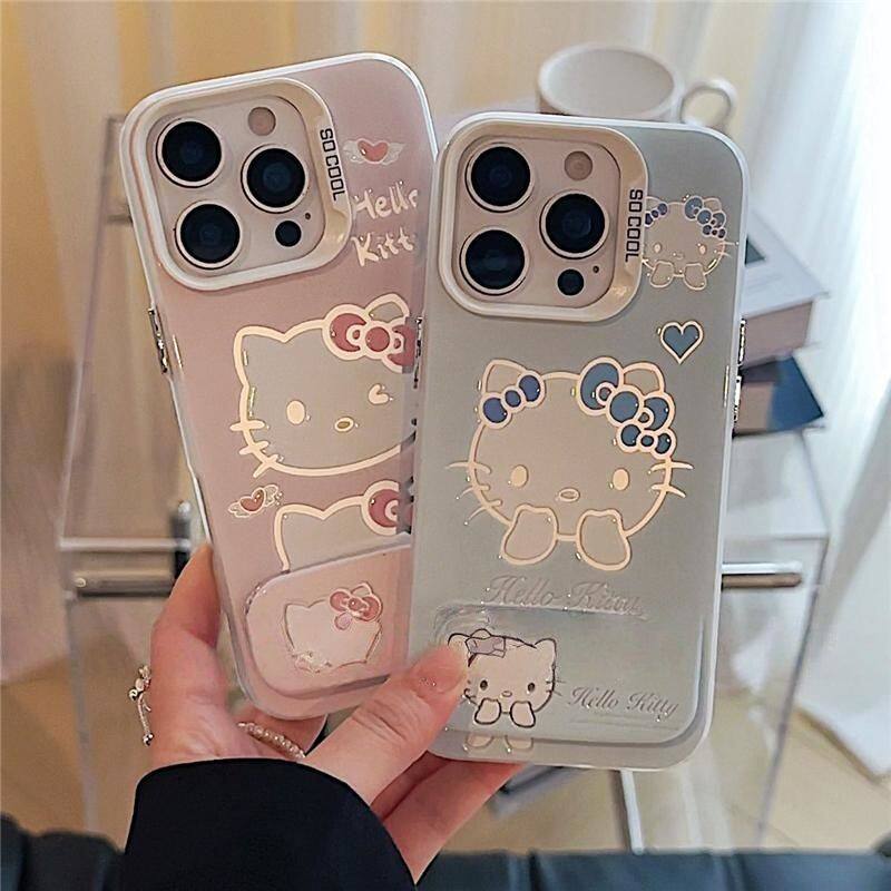 一加ACE5带镜子支架15plus手机壳硬镂空凯蒂猫iPhone13彩银OPPOReno12适用14ProMax高级感苹果16e可爱红米k80