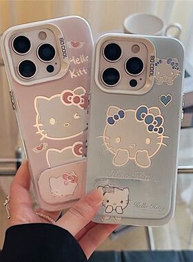 一加ACE5带镜子支架15plus手机壳硬镂空凯蒂猫iPhone13彩银OPPOReno12适用14ProMax高级感苹果16e可爱红米k80