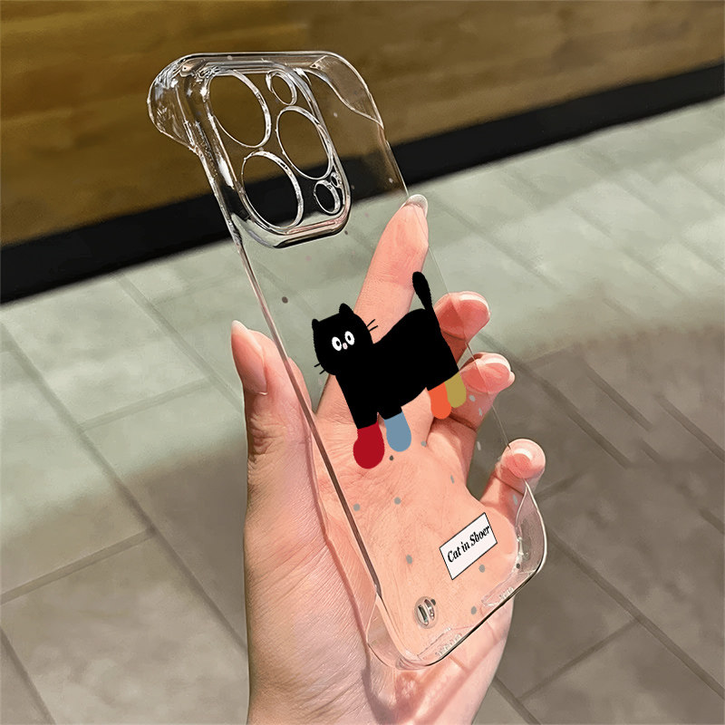 OPPOk11袜子黑猫苹果12promax适用小米15pro荣耀透明硬13手机壳带支架VIVO华为14plus无边框可爱iPhone16超薄