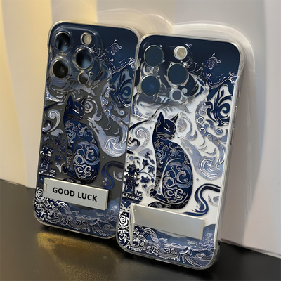 适用15promax超薄iPhone14无边框iqooneo10手机壳带支架13p透明12硬OPPOfindx8高级感华为mate70青花猫苹果16