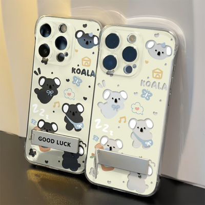 苹果16透明硬iPhone12高级感一加13T适用15ProMax手机壳带支架华为Nova14超薄无边框可爱趣味小考拉VIVOX200S