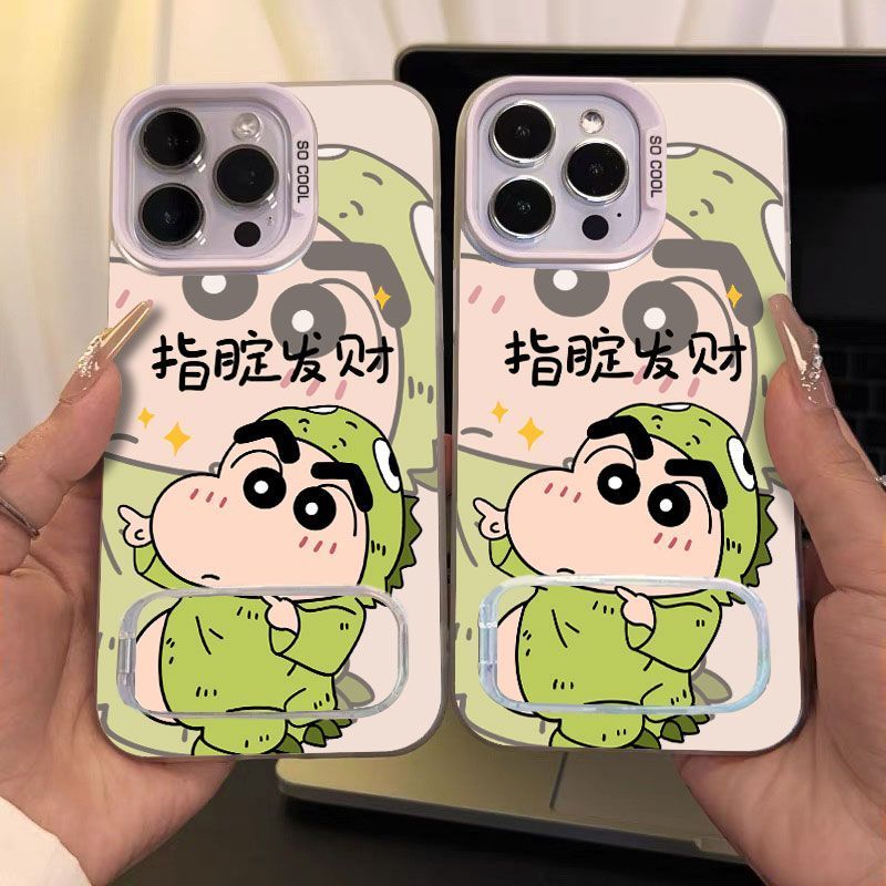 红米k80至尊卡通手机壳iPhone12带镜子支架15plus指腚发财小新苹果16彩银硬小米14可爱适用13ProMax高级感s30