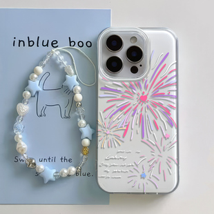 大孔ins风15plus手机壳带挂绳iPhone12爱心烟花苹果16网红iQOO13硬14ProMax适用VIVOs20pro创意红米K60至尊版