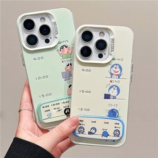 打工人叮当猫小新适用13小米CIVI5PRO彩银15ProMax带镜子支架iPhone14手机壳硬荣耀400PRO情侣苹果12高级感16