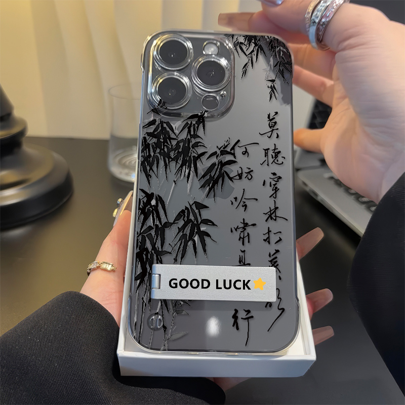艺术书法竹子16手机壳带支架VIVOx200创意荣耀OPPO超薄苹果14透明硬iPhone12pm无边框15promax华为13适用小米