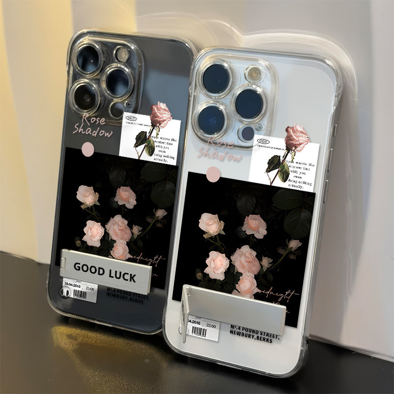 iPhone16高级感14promax超薄华为mate70透明小米15Ultra无边框VIVOs20小清新玫瑰苹果13手机壳带支架12适用硬