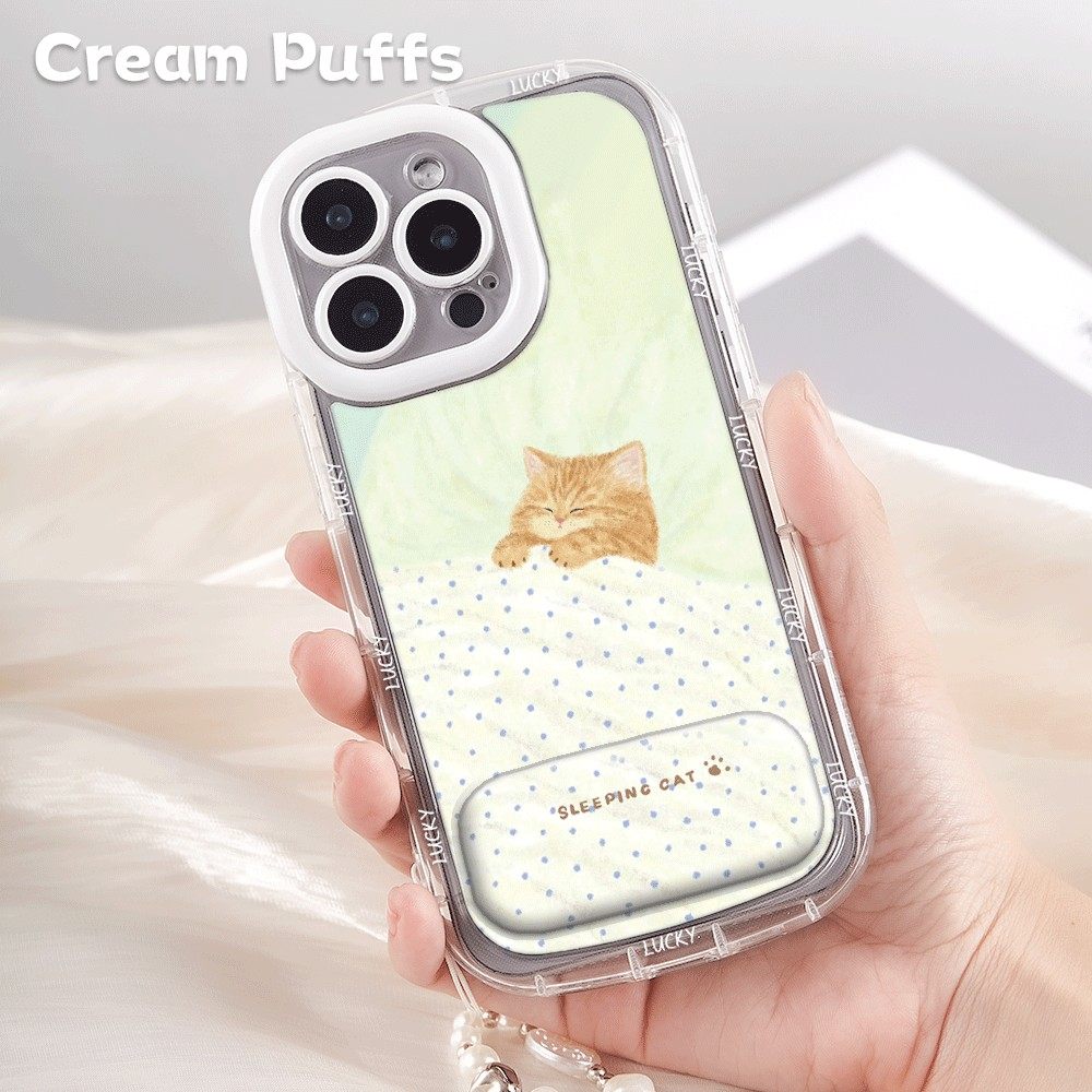 新款睡觉情侣猫咪带挂绳iPhone12手机壳17ProMax软羽纱泡芙16plus镜子支架苹果15少女心Nova14活力版13适用a6